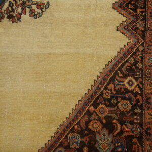 Beige rug field transitions to a dark, stepped border with red and blue geometric patterns over wood floor.