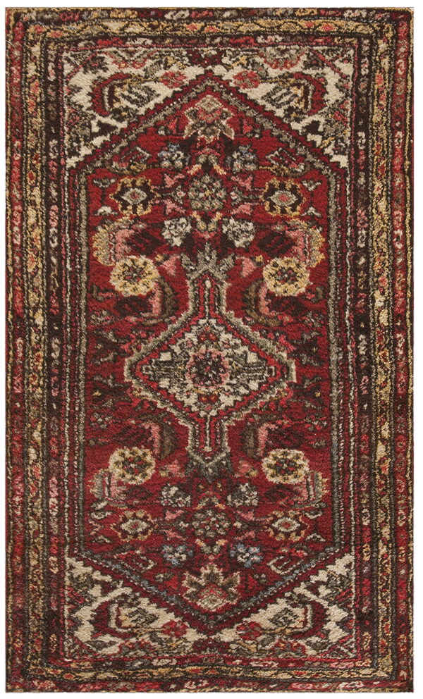 A runner rug with a traditional medallion design in rich reds, dark browns, and beige.