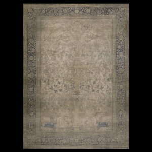 Muted beige rug with dark blue borders and a complex, faded central Tree of Life pattern.