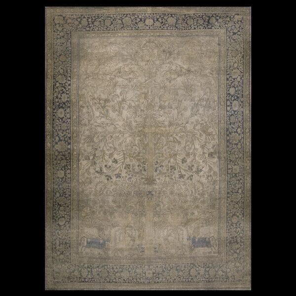 Muted beige rug with dark blue borders and a complex, faded central tree of life pattern.