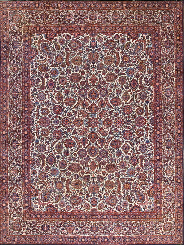 Ivory rug with a dense traditional pattern of red, rust, and blue floral motifs and a detailed border.