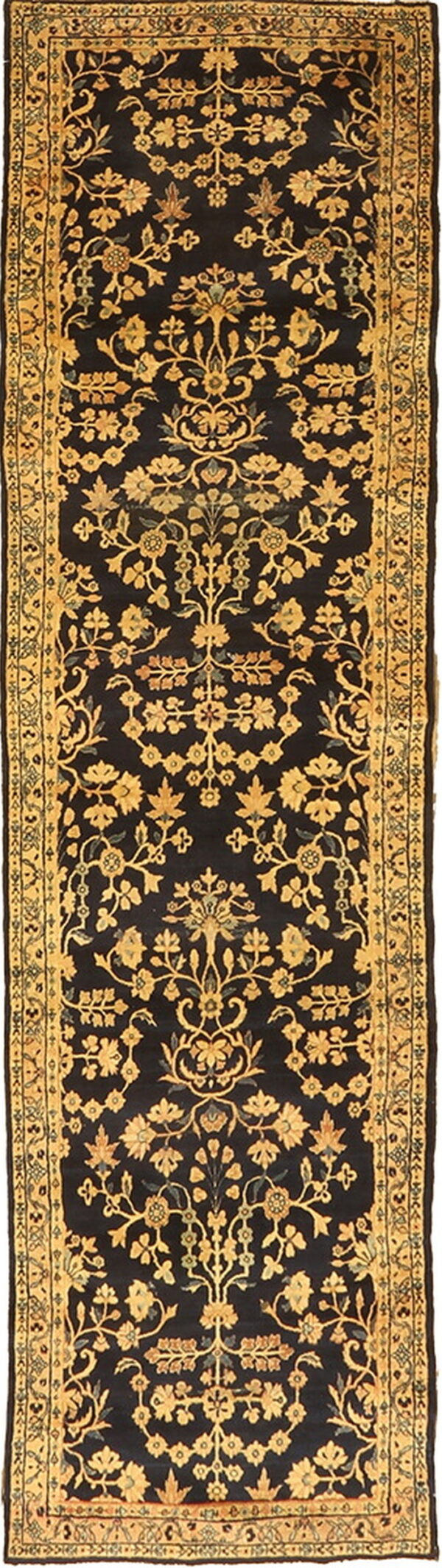 Narrow black runner rug displaying a detailed repeating golden floral and vine pattern with multiple borders.