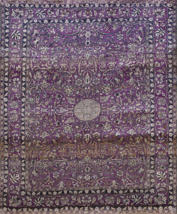 Low-pile rug in deep purple with dense tan and navy floral patterns and a central circular medallion.