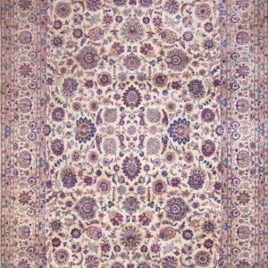 Ornate cream rug featuring a dense floral pattern and complex borders in shades of purple, blue, and taupe.