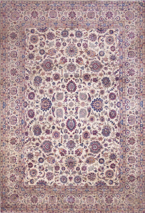 Ornate cream rug featuring a dense floral pattern and complex borders in shades of purple, blue, and taupe.