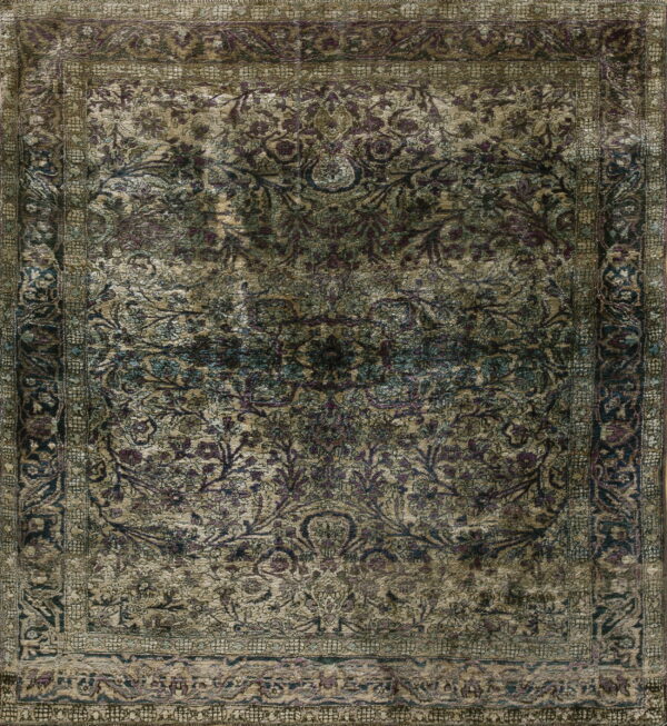 Distressed traditional rug featuring faded purple, dark green, and tan colors in an elaborate floral design.