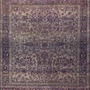 Distressed traditional rug with a light beige field, dark purple medallion, and multiple borders.