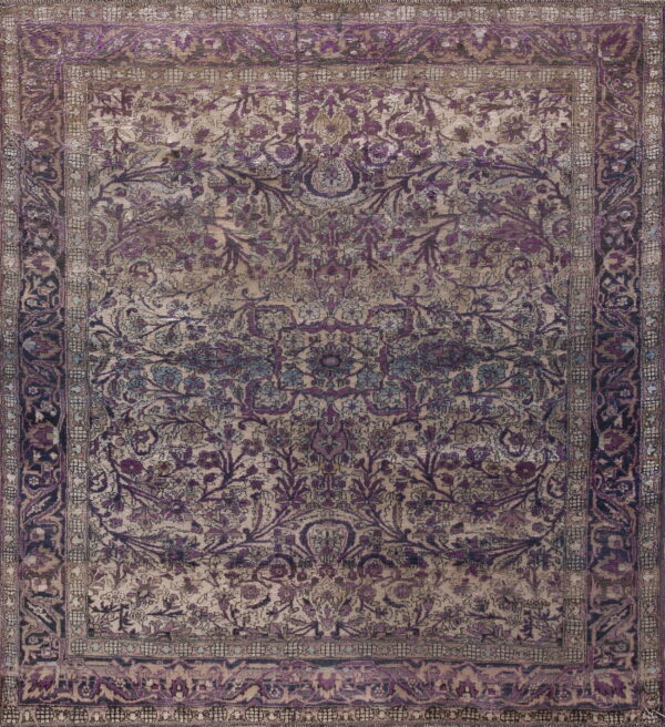 Distressed traditional rug with a light beige field, dark purple medallion, and multiple borders.