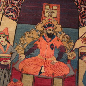 Pictorial rug featuring figures in salmon, blue, and cream, framed by deep burgundy and elaborate floral borders.