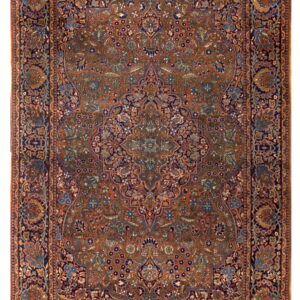 A traditional rug with a dense floral pattern and central medallion in rust, navy, blue, and green.