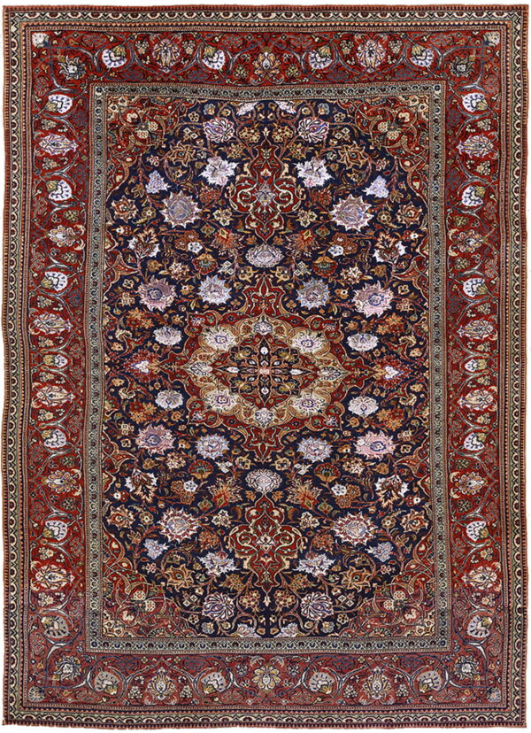 Detailed traditional rug featuring a dark blue field, an elaborate central medallion, and a wide rust red floral border.