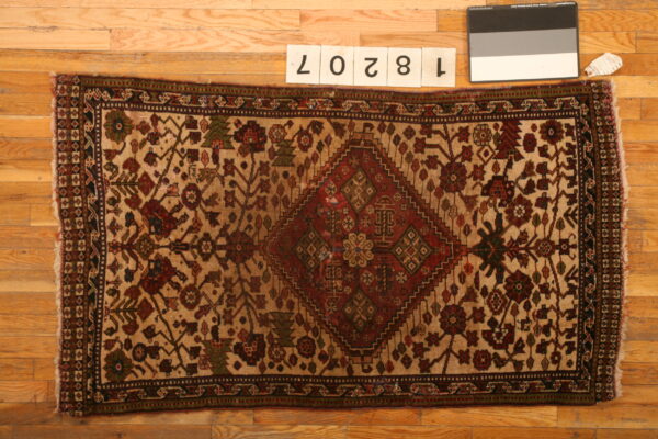 Small rug with a red geometric medallion and stylized floral designs on a beige field over wood flooring.