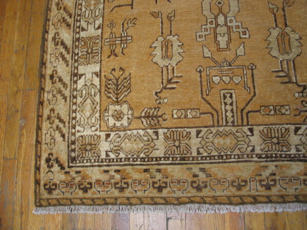 Close-up of a golden brown rug with geometric tribal patterns and fringed edges on wood flooring.