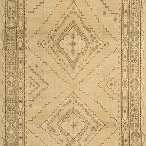 Monochromatic tan and beige rug with a large stepped central diamond and intricate geometric borders.