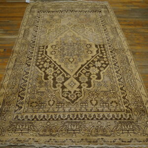 Tan and dark brown traditional pattern rug with a central medallion lies on distressed wood floors.