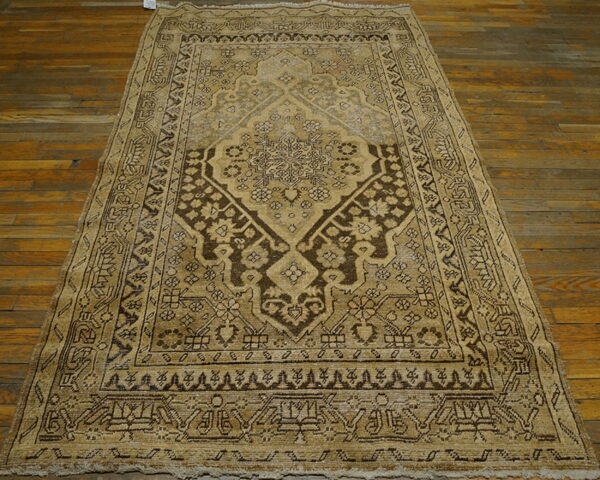 Tan and dark brown traditional pattern rug with a central medallion lies on distressed wood floors.