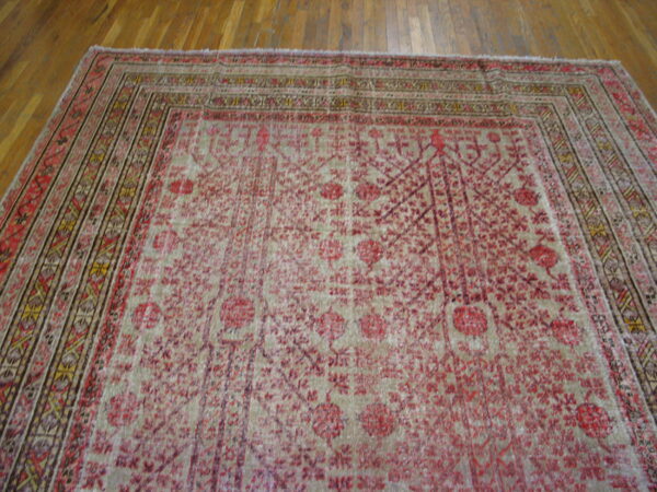 Faded red and beige traditional rug with intricate patterns and a multi-banded border lies on hardwood flooring.