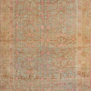 Faded low-pile rug featuring an intricate traditional pattern in muted rose, light teal, and beige.