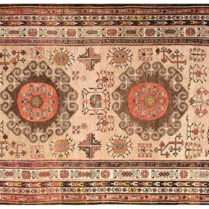 Rectangular rug featuring a soft beige field, two brown medallions, and geometric tribal motifs in red and dark colors.