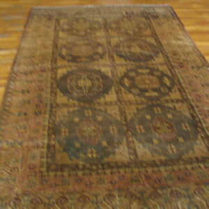 A long rectangular rug displaying muted gold and brown traditional medallions lies on polished wood flooring.