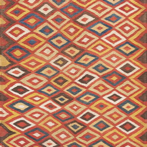A flat-woven rug with a central pattern of stacked red, yellow, blue, and brown diamonds and striped borders.