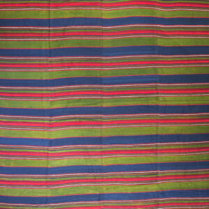 Flatweave rug with thick horizontal stripes of navy blue, olive green, and red, detailed with thin white lines.