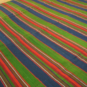 Striped rug in bright green, navy, and red laid flat on light wooden flooring.