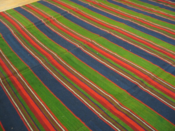 Striped rug in bright green, navy, and red laid flat on light wooden flooring.