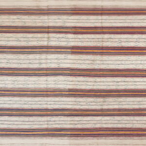 Flatweave rug with horizontal stripes of cream, navy blue, rose, green, and yellow.