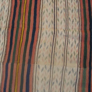 Flat woven rug with alternating vertical stripes of varied colors and patterned cream sections.