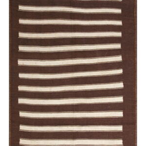Dark brown and cream striped flatweave rug with solid brown edges.
