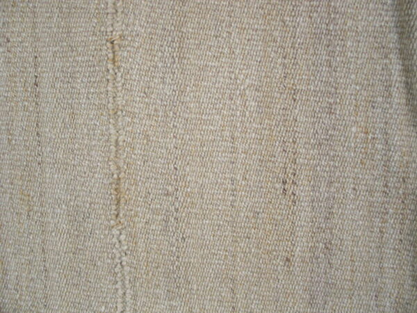 Tight flatweave rug texture in a natural oatmeal beige color with a visible vertical seam.