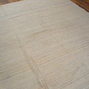 Light beige flatweave rug with subtle linear texture lies on dark wood flooring.