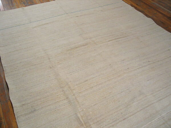 Light beige flatweave rug with subtle linear texture lies on dark wood flooring.