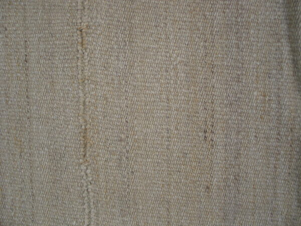 Densely woven low-pile rug texture in neutral beige and tan with a clear vertical seam.