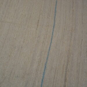 Beige low-pile rug with subtle vertical stripes and a single blue line resting on wood flooring.