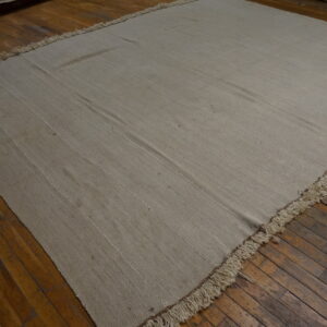 Beige flatweave rug with subtle linear texture and fringe covers a dark hardwood floor.
