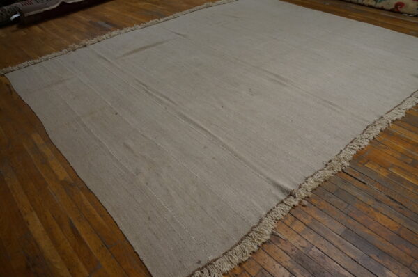 Beige flatweave rug with subtle linear texture and fringe covers a dark hardwood floor.