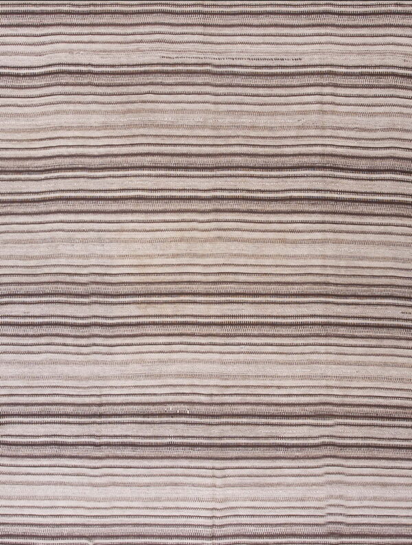 Textured flat-weave rug featuring alternating thin horizontal stripes of light beige and dark brown.