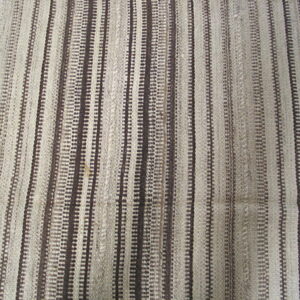 Textured flatweave rug with thin vertical stripes in shades of off-white, beige, and dark brown.