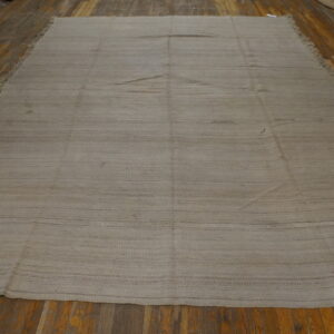 Neutral tan flatweave rug featuring subtle horizontal texture bands rests on dark wood flooring.