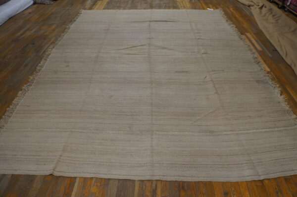 Neutral tan flatweave rug featuring subtle horizontal texture bands rests on dark wood flooring.