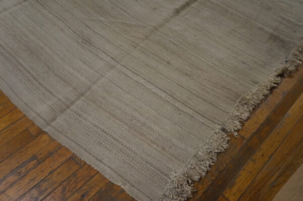 Flat-woven beige rug with visible dark striping and long fringe lies on distressed wood flooring.