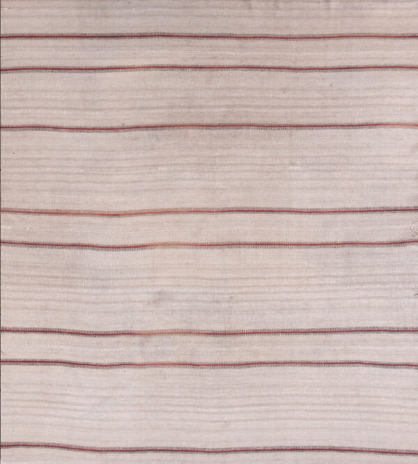A light beige flatwoven rug featuring thin, repeating maroon horizontal stripes.