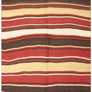 Flatweave rug featuring horizontal stripes in shades of red, dark brown, cream, and light tan.