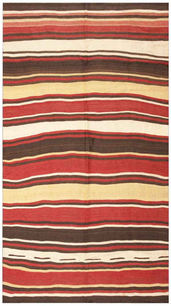 Flatweave rug featuring horizontal stripes in shades of red, dark brown, cream, and light tan.