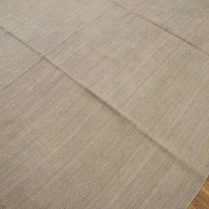 Tan flatweave rug features grid-like stitched panels and short fringe on exposed wood flooring.