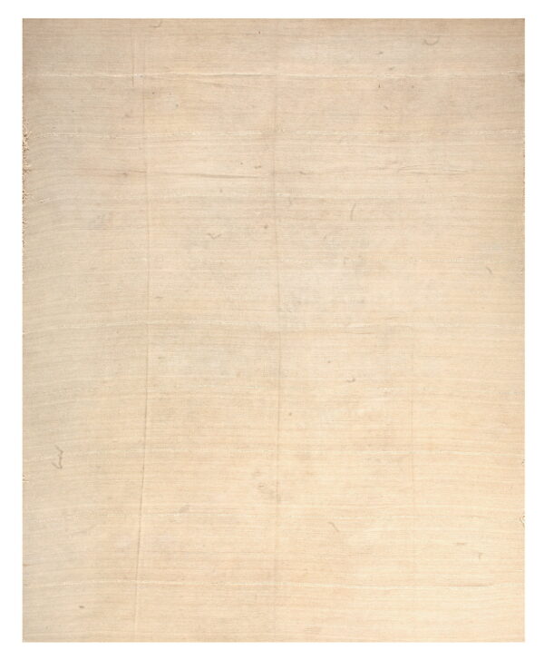 Natural off-white flatweave rug exhibiting subtle texture variations and faint horizontal seam lines.
