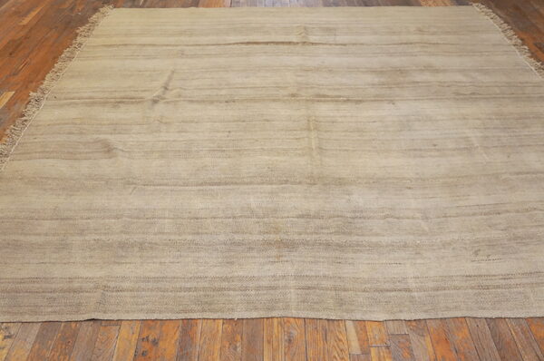 Neutral flatweave rug with subtle horizontal stripes and fringes on a distressed wood plank floor.