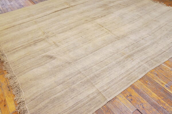 Light beige flatweave rug with textured striations and fringe covering distressed wood plank flooring.